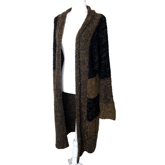 Vtg. Chicos Cardigan Sweater Duster Long Knit Open Front Pockets Brown Black | L - Picture 4 of 16